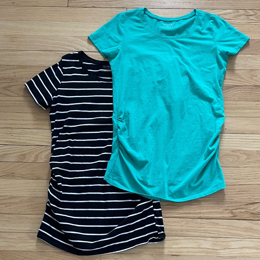 BumpStart Maternity Women's Short Sleeve Tees - Aqua and Navy Striped